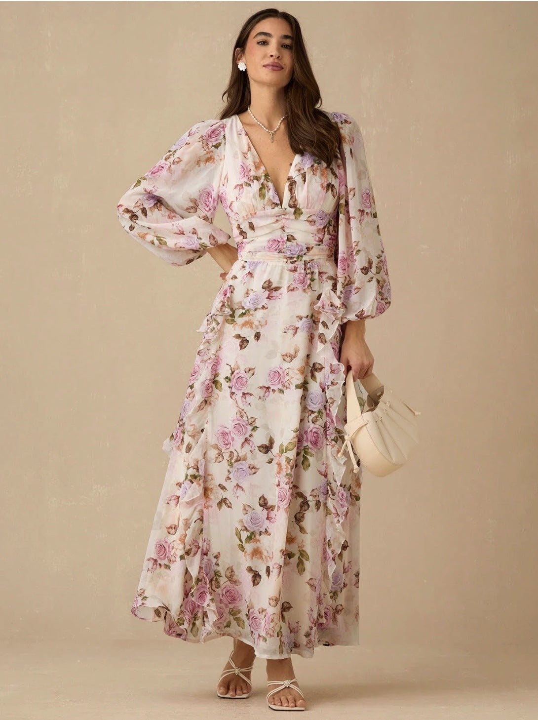 Victoria Multicolor v-Neck Floral Print Puff Sleeve Maxi Dress