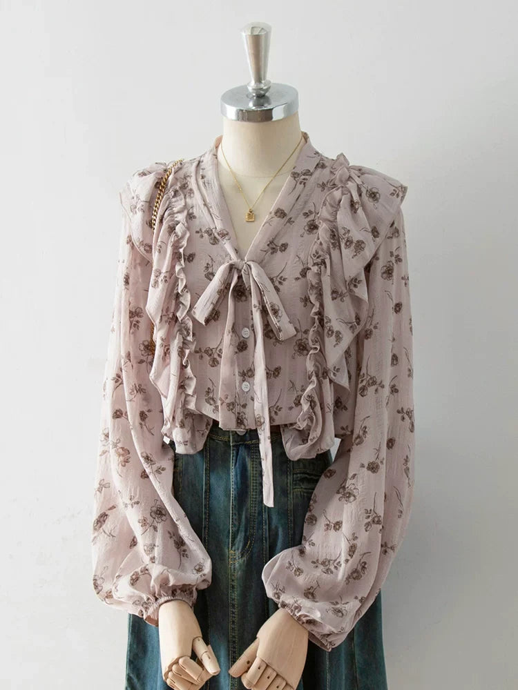 Flowering Girl Women V-Neck Self-Tie Bow Ruffle Floral Print Puff Long Sleeve Blouse
