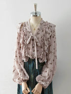 Flowering Girl Women V-Neck Self-Tie Bow Ruffle Floral Print Puff Long Sleeve Blouse