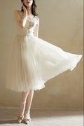 Beige Sleeveless Tulle Midi Dress