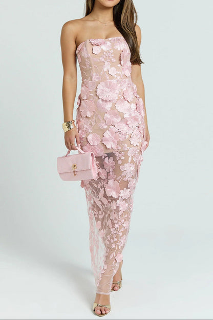 Strapless 3D Floral Mesh Maxi Dress