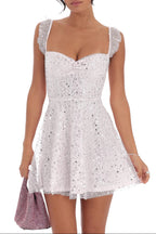 Sequin Tulle Skater Mini Dress With Ruffled Straps