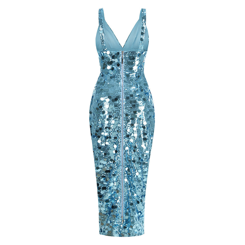 Carlin Sequin Deep V Strapless Maxi Dress In Blue