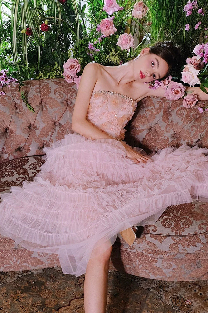 Pink Princess layer ruffle midi floral Embroidery strapless Dress