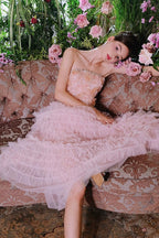 Pink Princess layer ruffle midi floral Embroidery strapless Dress