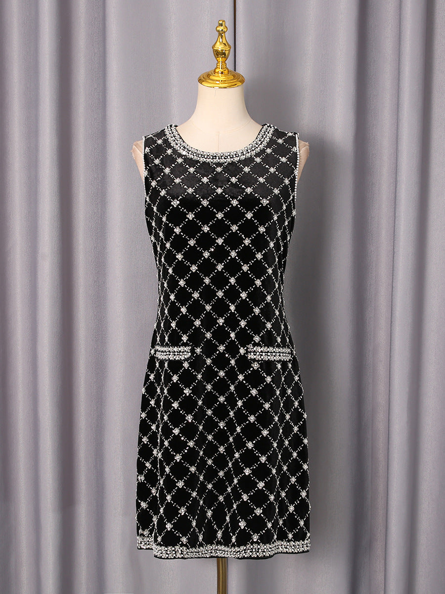 Amanda Black-White Plaid Diamond Sleeveless Mini Dress