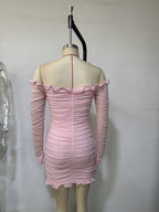 Xaviera Pink Off-Shoulder Bodycon Beads Mini Dress
