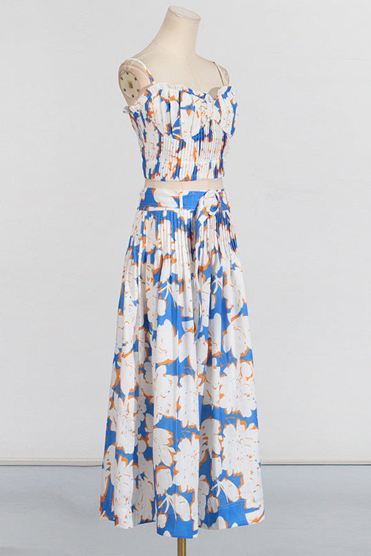 Flowering Girl Women Pleated Floral-Print Linen Bustier Top Skirt Set In Blue