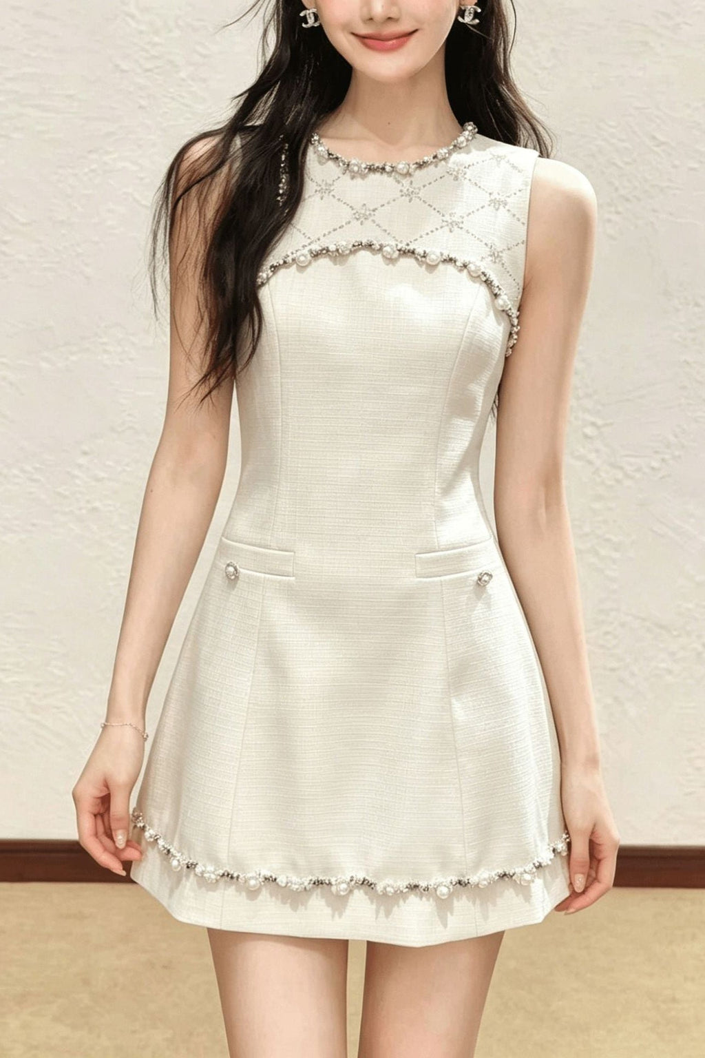 Flowering Girl Women nina rhinestone a-line mini dress - beige