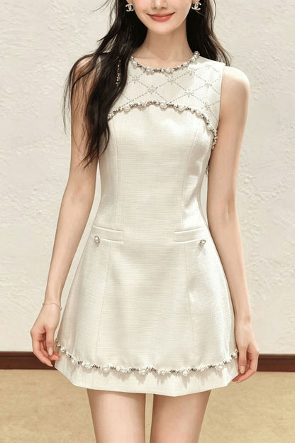 nina rhinestone a-line mini dress - beige