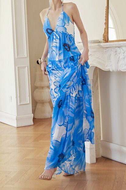 Blue & White Floral Print Halter Neck Tiered Maxi Dress