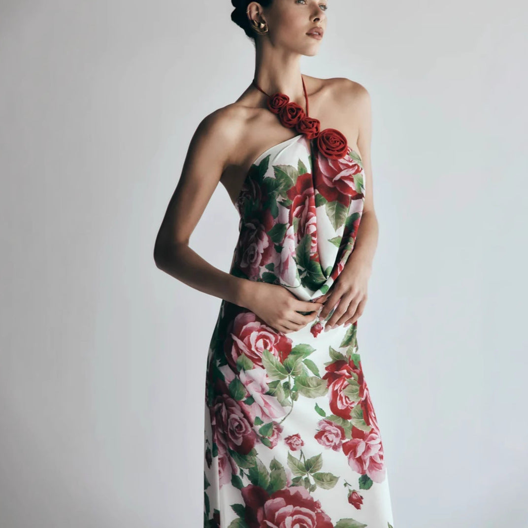 multicolor Floral halterneck high collar maxi dress
