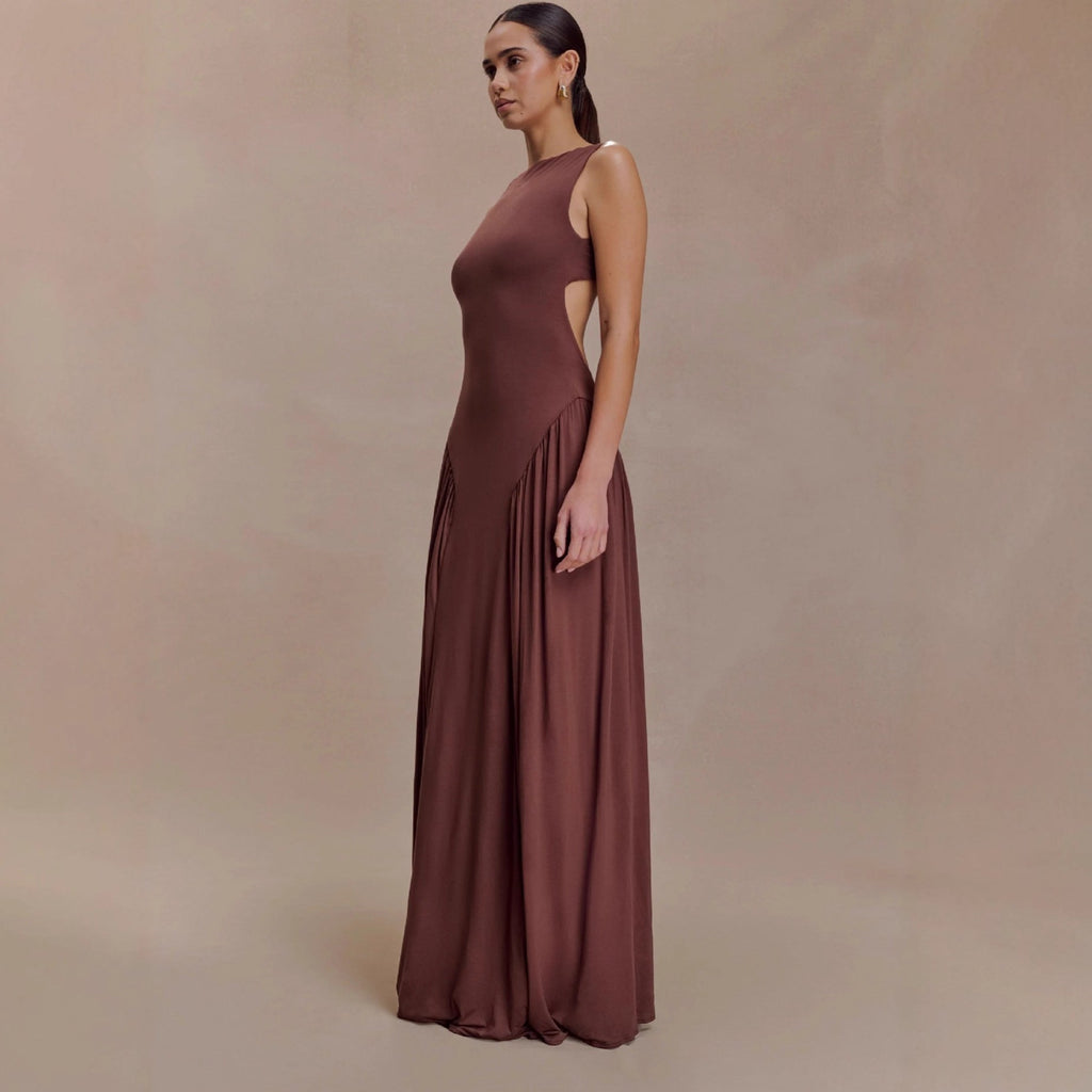 Flowering Girl Women brown pleated one-line neck pleated open back dress