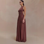 Flowering Girl Women brown pleated one-line neck pleated open back dress