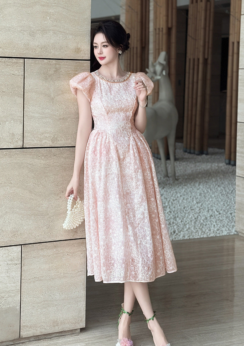 Flowering Girl Women pearl neck Puff sleeve flared lace midi dress - pink