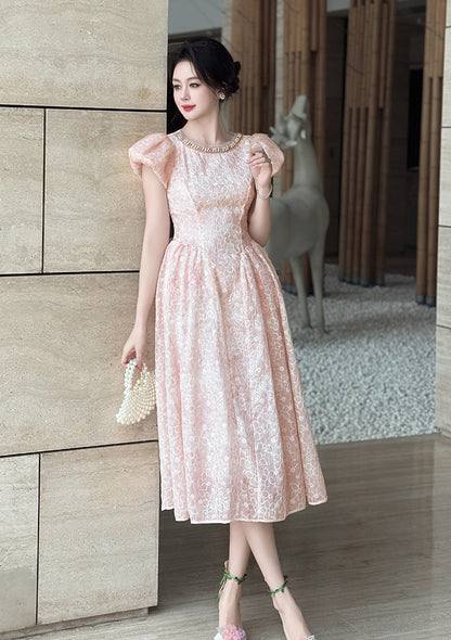 pearl neck Puff sleeve flared lace midi dress - pink