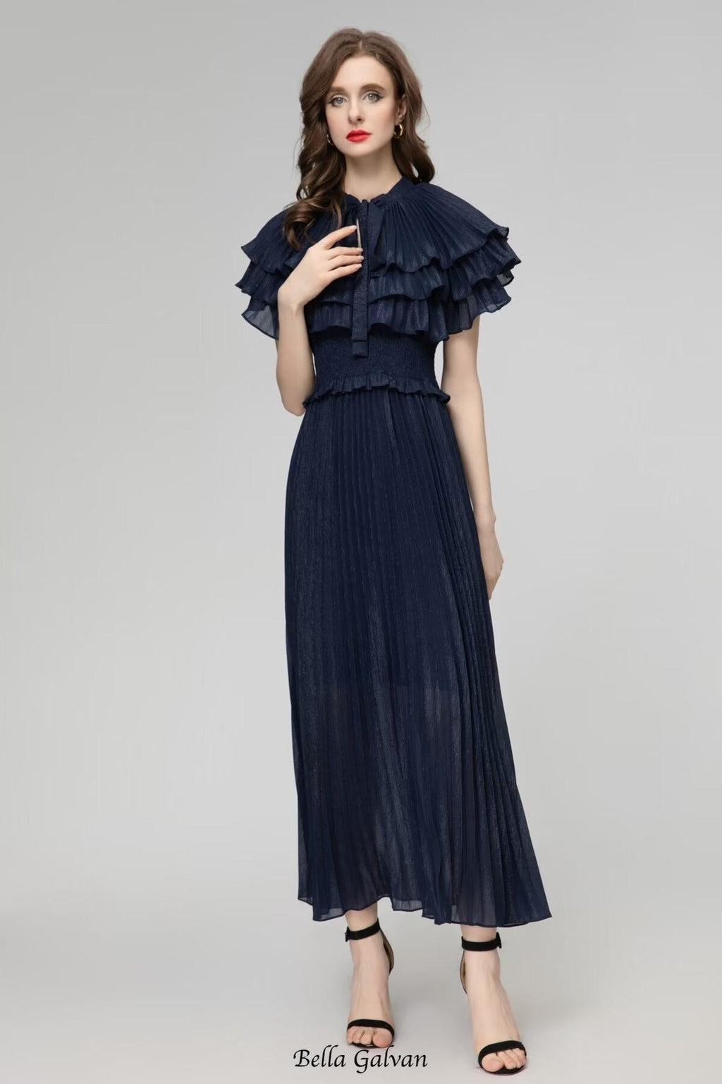 jocelyn ruffled pleated cape embellished midi dress - navy blue