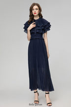 jocelyn ruffled pleated cape embellished midi dress - navy blue
