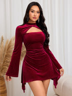 Flowering Girl Women Burgundy long sleeve velvet mini dress