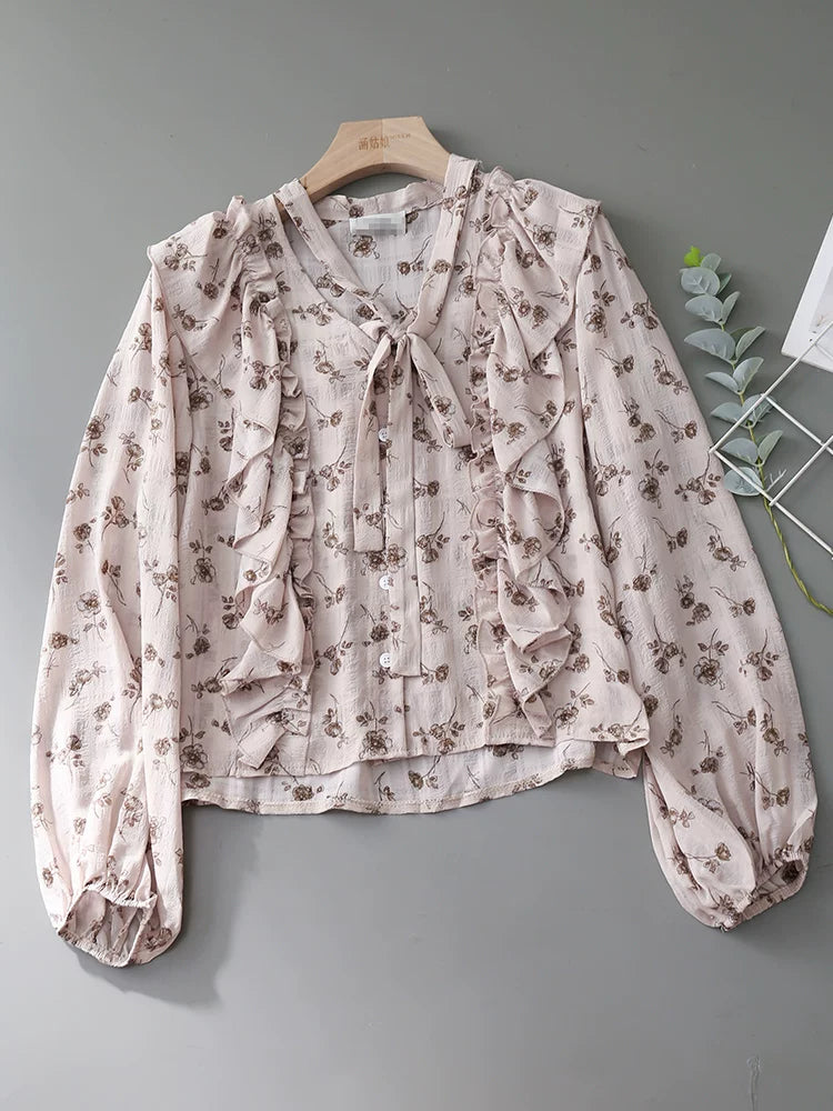 Flowering Girl Women V-Neck Self-Tie Bow Ruffle Floral Print Puff Long Sleeve Blouse
