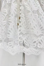 lapel hollow embroidery puff sleeve mini dress in white
