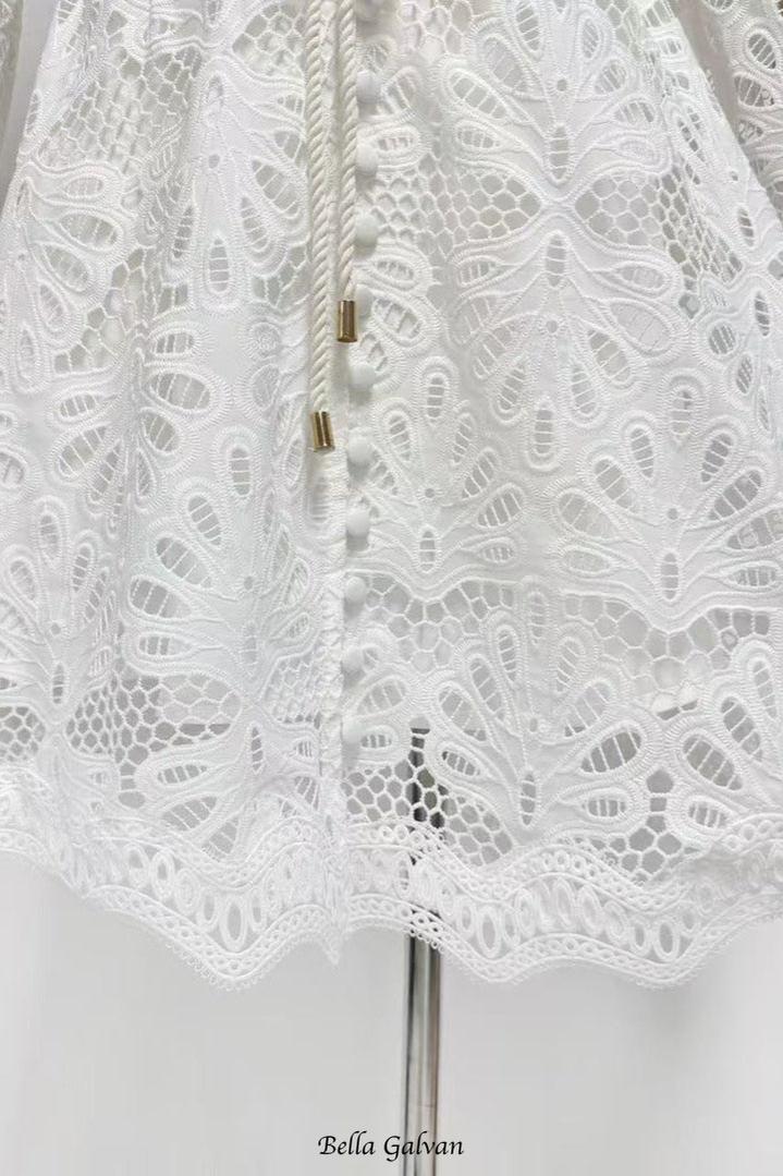 lapel hollow embroidery puff sleeve mini dress in white