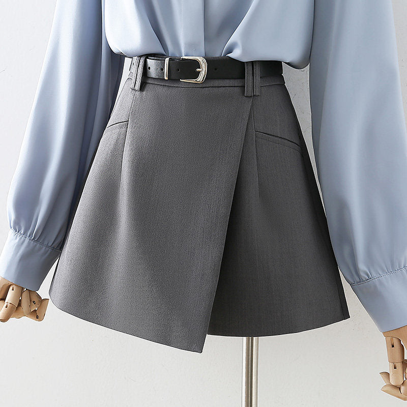 Flowering Girl Women Grey High Waist Business Formal Mini Skort Irregular Wrap Design with Matching Belt