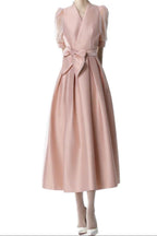 Satin Puff Sleeve Bow Belt Midi Dress