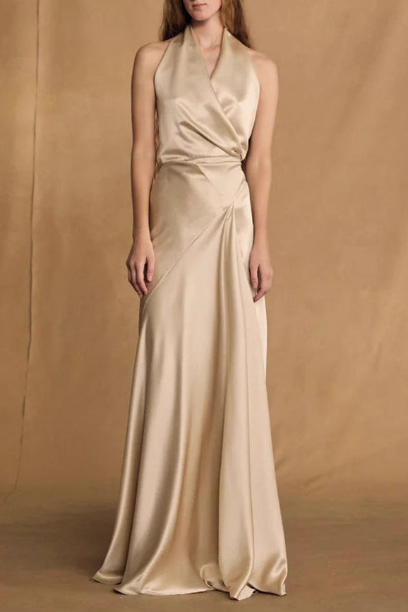 Flowering Girl Women kay Champagne crepe bias-cut satin halter maxi dress