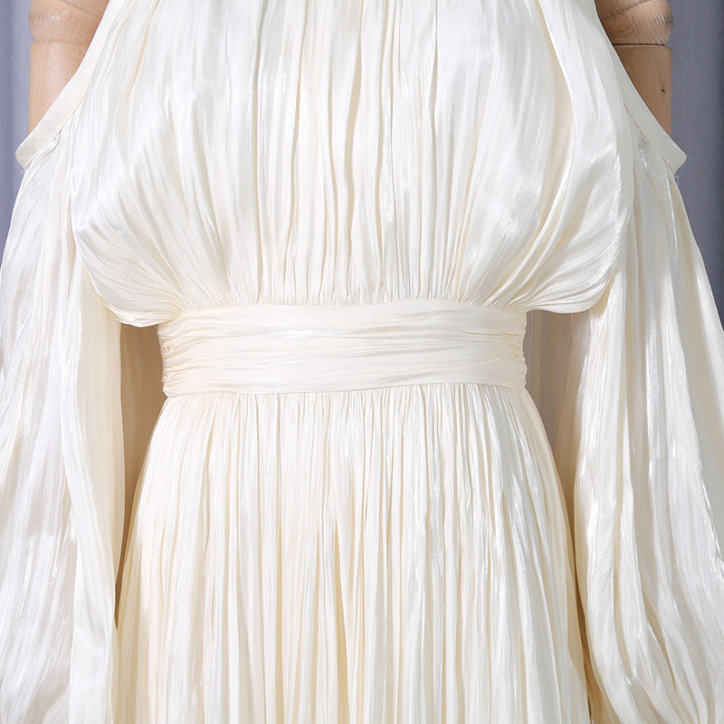 Ashley Apricot Off Shoulder Pleated Puff Sleeve Maxi Dress