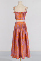 Flowering Girl Women Pleated Floral-Print Linen Bustier Top Skirt Set In Blue