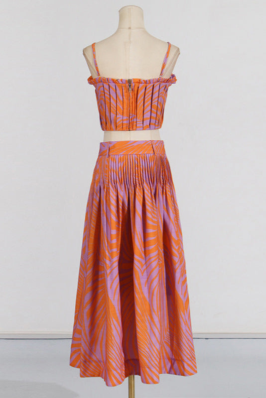 Pleated floral-print linen bustier top skirt set in blue
