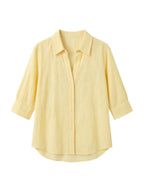 Flowering Girl Women Light Yellow Linen V-Neck Three-quarter Sleeve Shirt