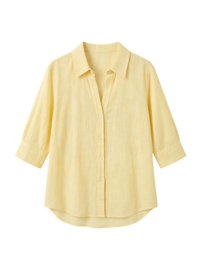 Light Yellow Linen V-Neck Three-quarter Sleeve Shirt