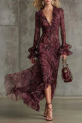 Flowering Girl Women flared sleeve tether V-neck dress long sleeve maxi dress