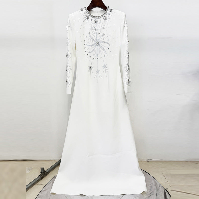 white diamond nail beads floor-length dress
