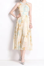 Flowering Girl Women elvira print sleeveless halterneck midi dress in yellow
