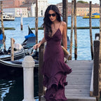 Flowering Girl Women lorraine Waist-cinching backless camisole cake maxi dress - burgundy