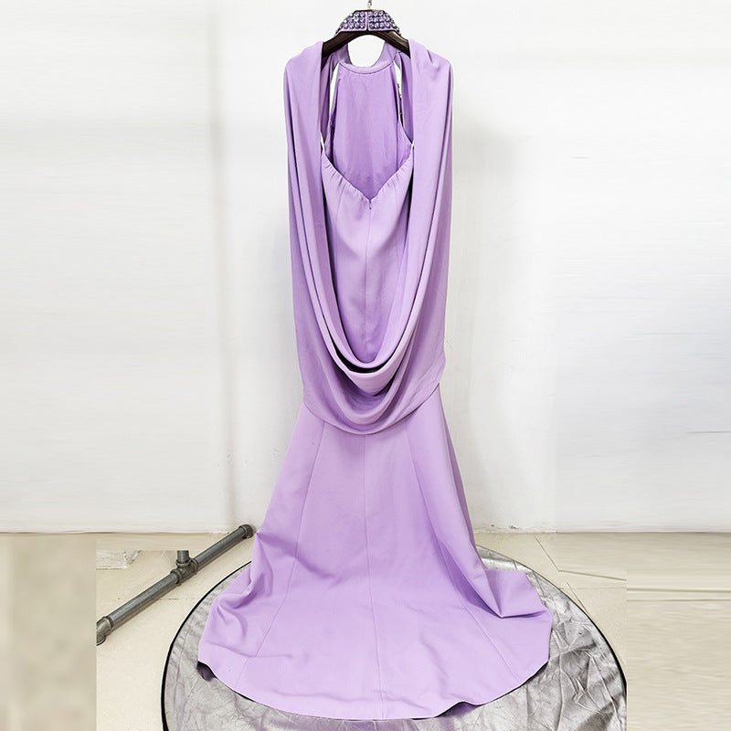 lavender nail bead halterneck open back shawl long dress