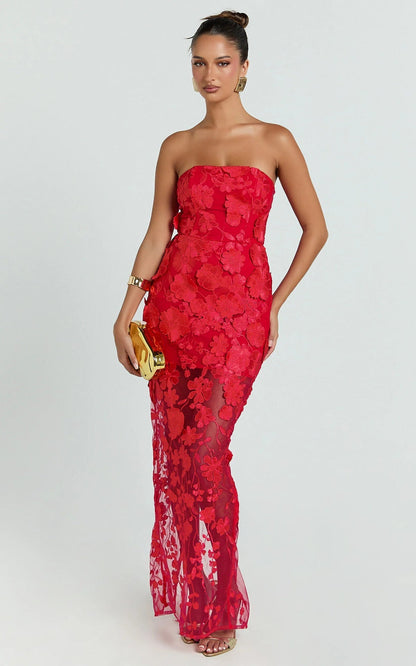 Strapless 3D Floral Mesh Maxi Dress