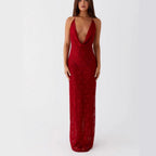 Flowering Girl Women Lace-up long dress with open back and spaghetti straps - red