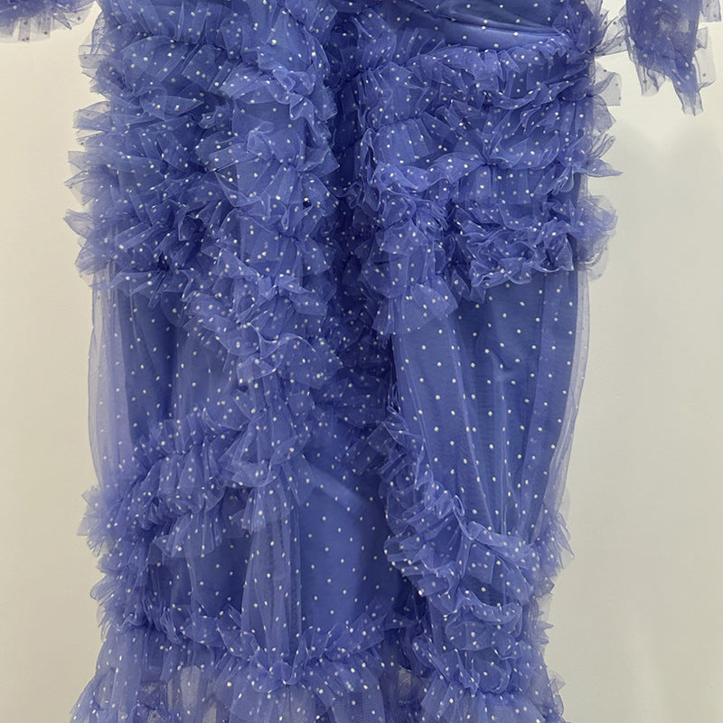 Flowering Girl Women v-neckline tiered mesh gown in blue