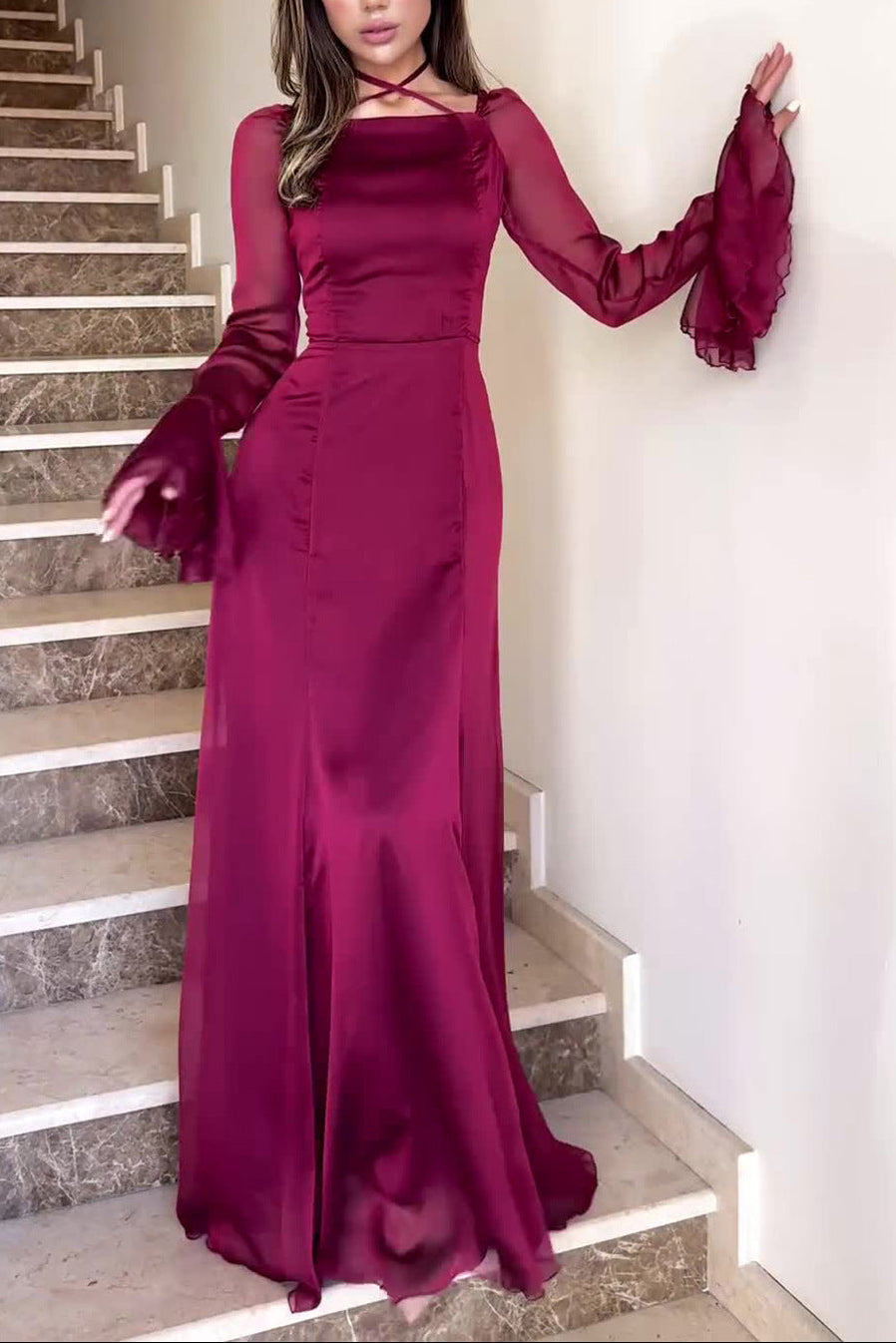 Flowering Girl Women Chiffon Gentle Ruffles Flowing Strappy maxi Dress
