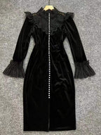 Pandora Black Long Sleeve Velvet Midi Dress With Lace And Pearls