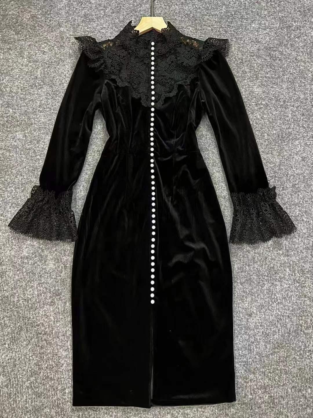 Pandora Black Long Sleeve Velvet Midi Dress With Lace And Pearls