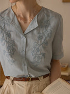 Flowering Girl Women embroidery yarn-dyed striped lapel short-sleeved shirt