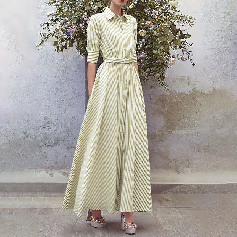 Green Striped Belted Shirt Maxi Dress