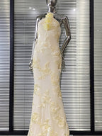 Nefertiti Pale Yellow Tulle Backless Party Mixi Dress