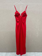 Flowering Girl Women Rose Appliqué Strappy Maxi Dress In Red
