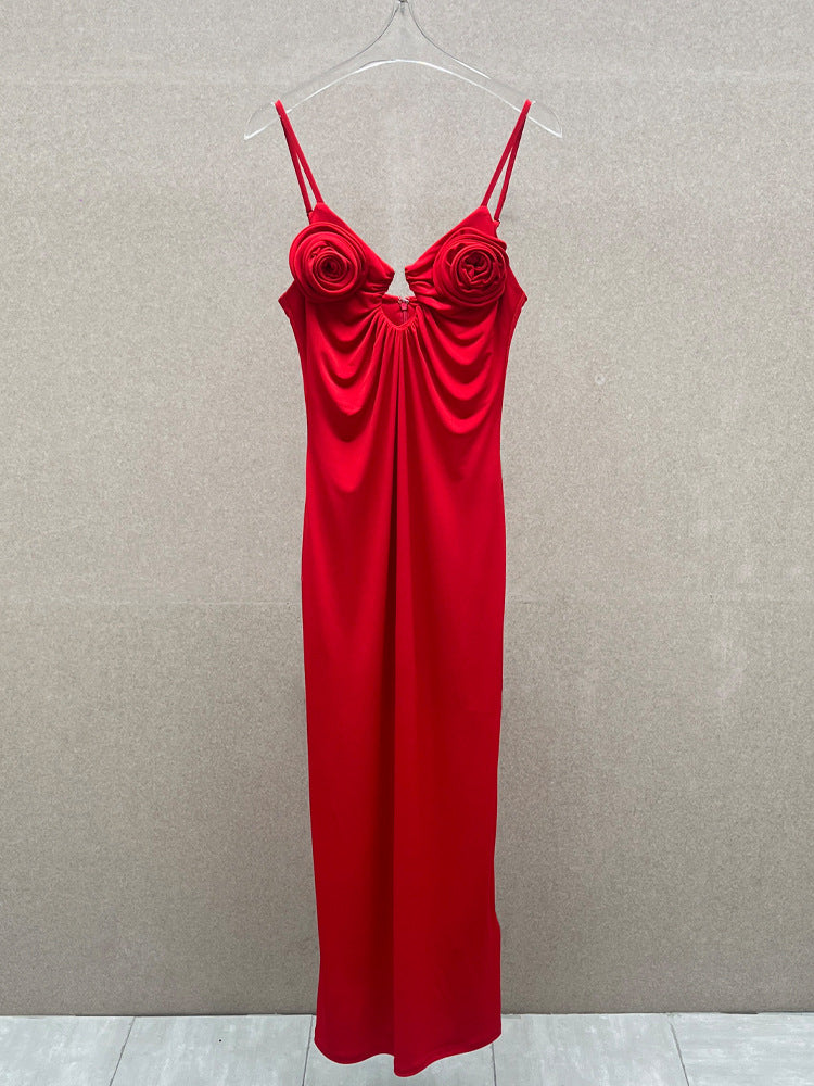 Flowering Girl Women Rose Appliqué Strappy Maxi Dress In Red